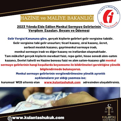 2023 Yılında Elde Edilen Menkul Sermaye Gelirlerinin Vergileme Esasları, Beyanı ve Ödemesi HK.